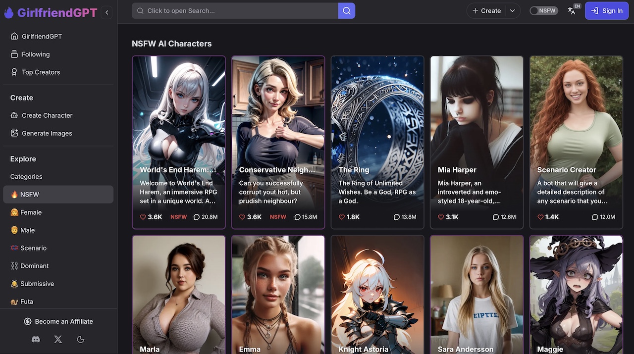GirlfriendGPT interface with long memory AI companion and immersive roleplay chat