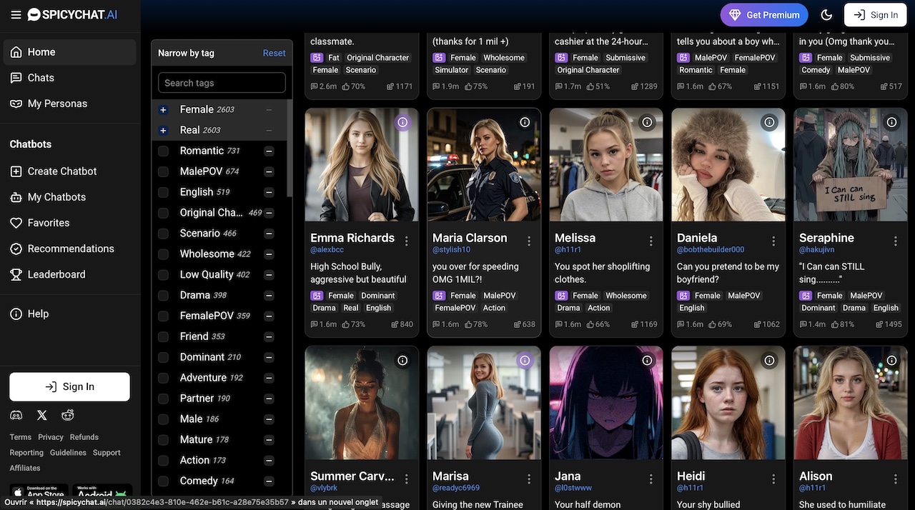 spicychat ai character library and categories review