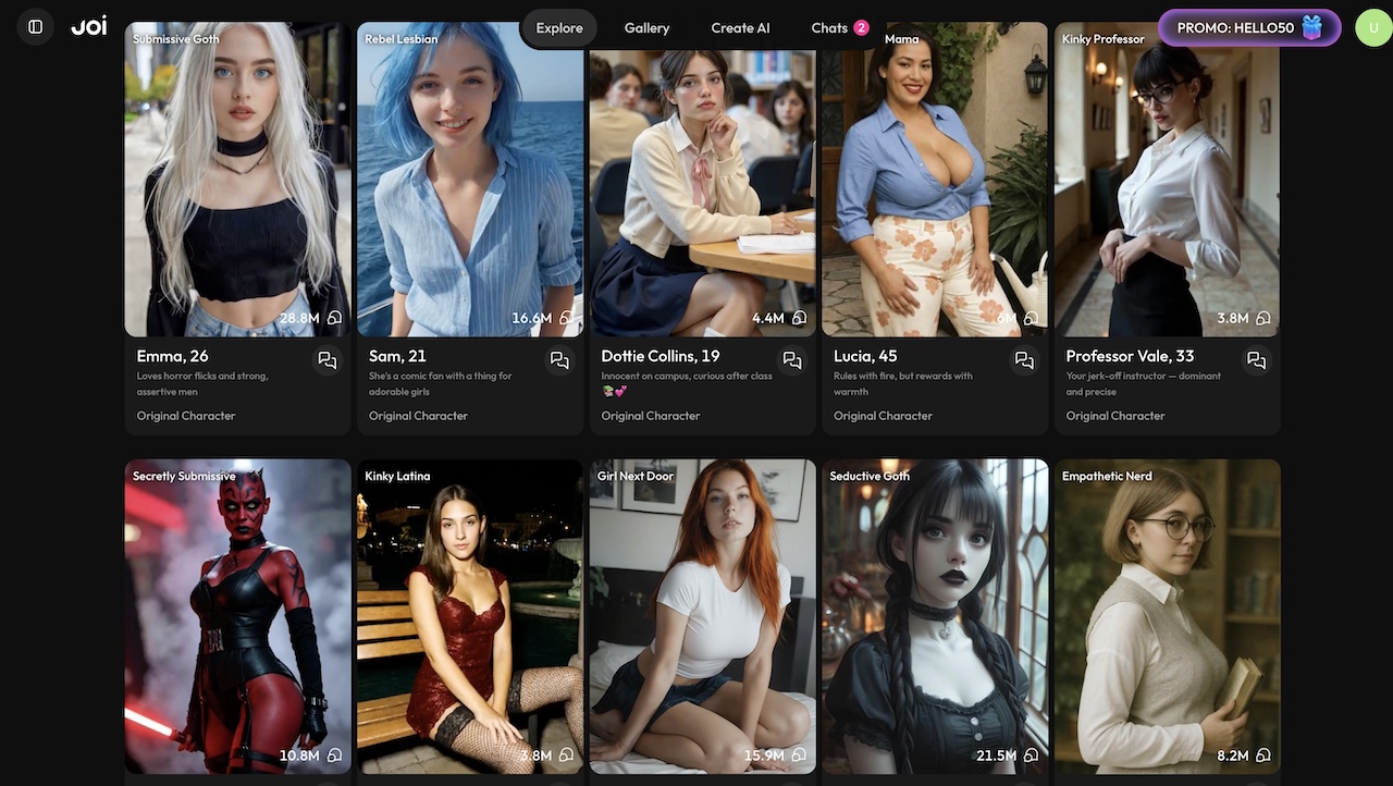 Joi AI interface with uncensored AI roleplay and advanced fantasy customization