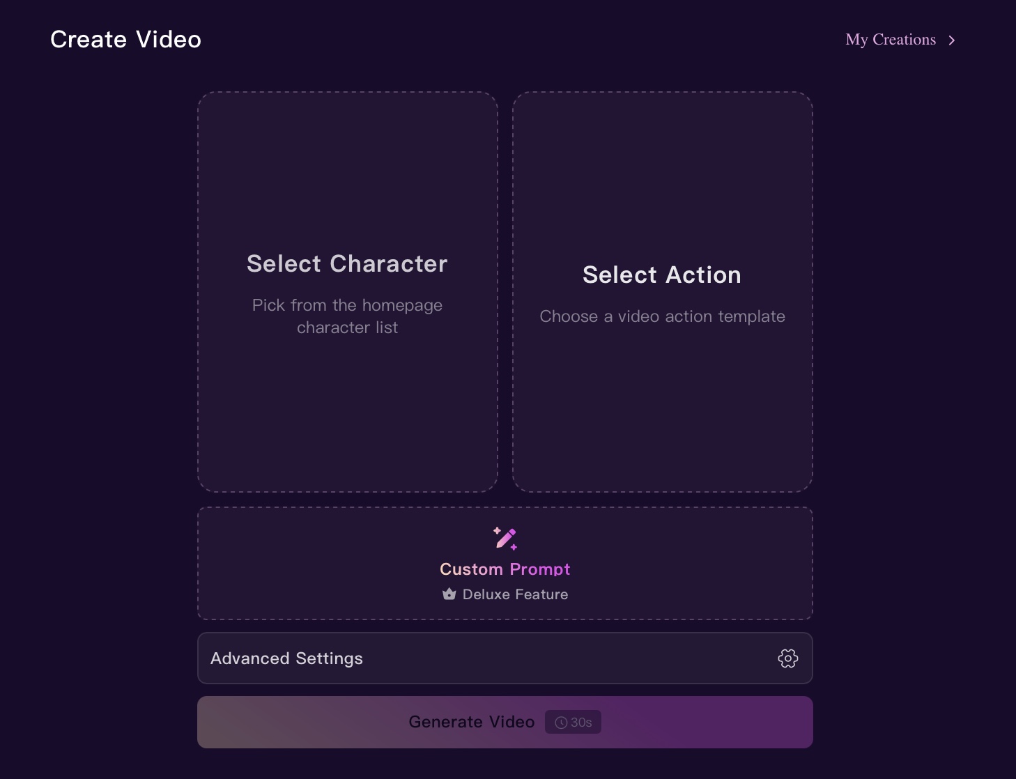 LusyChat AI Create Video tool with character, action and custom prompt selection