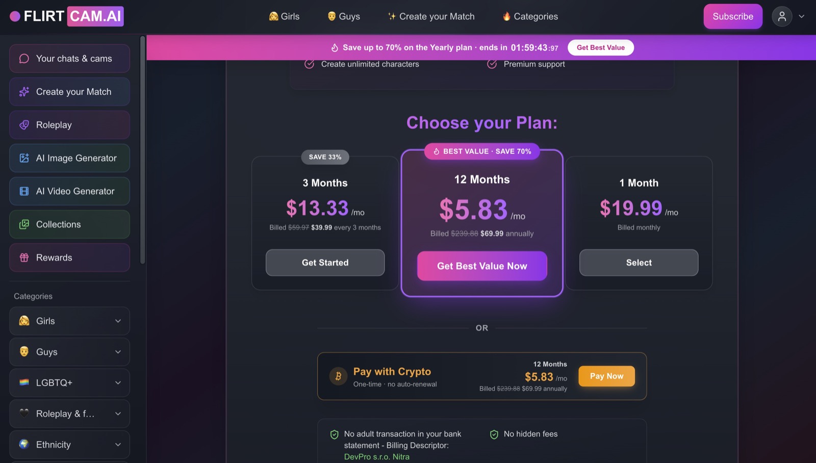 flirtcam ai pricing yearly plan