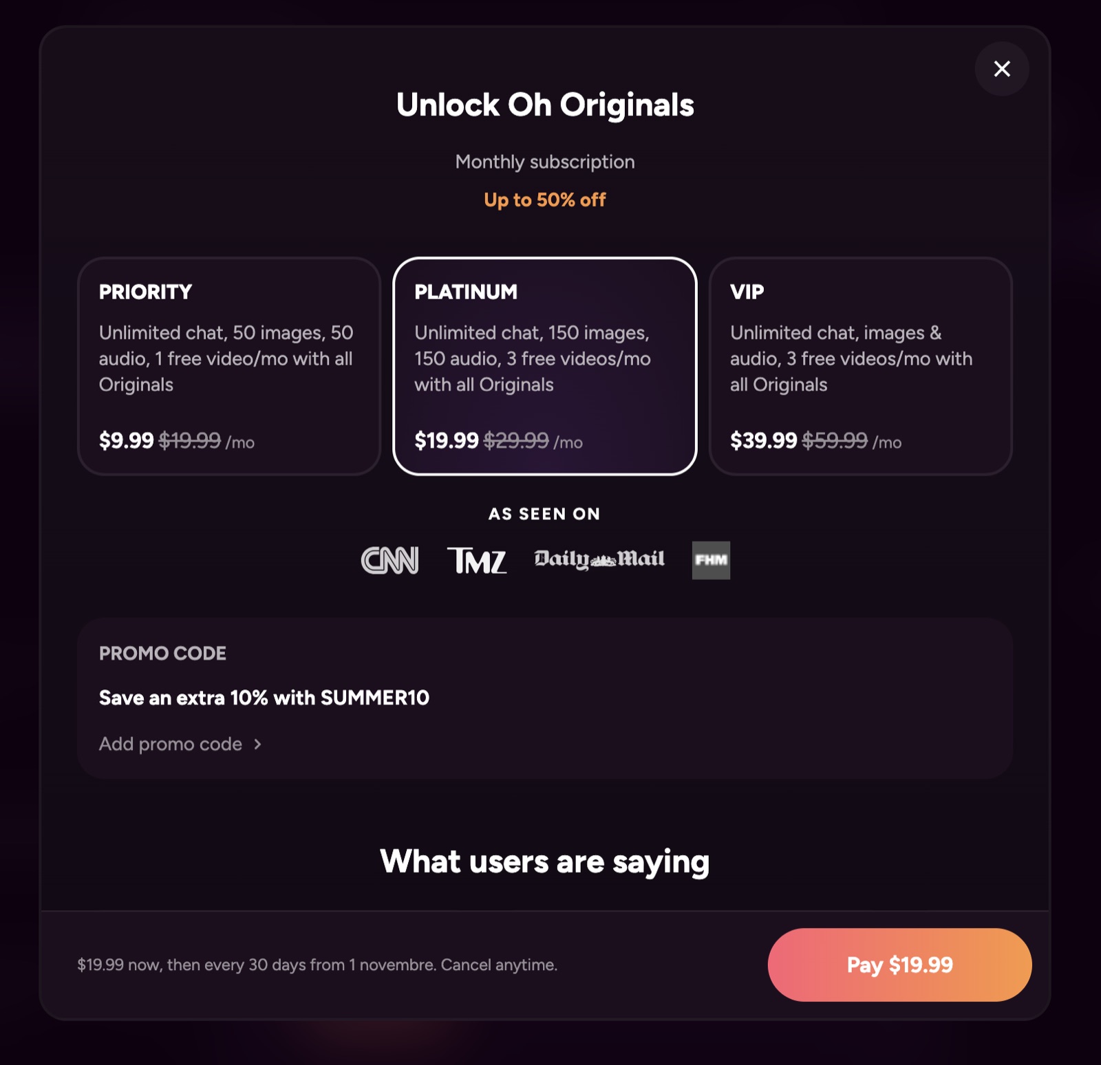 ohchat ai pricing plans